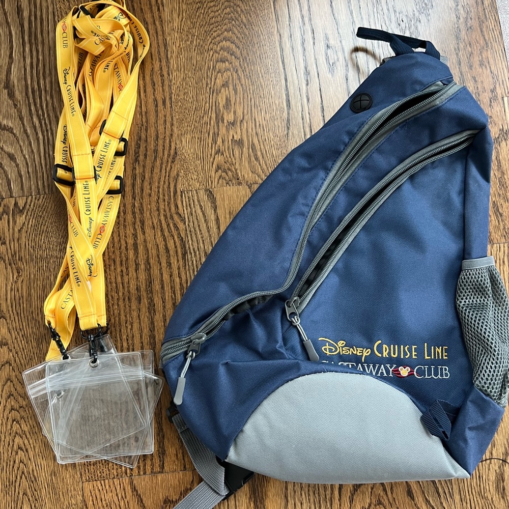 Disney Cruise Line, Castaway Club, Sling Backpack + 4 lanyards